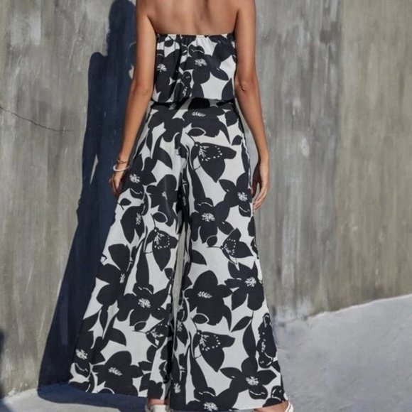 Boho Floral sleeveless Tube Top And Pants Set cottagecore Black White - Picture 8 of 8